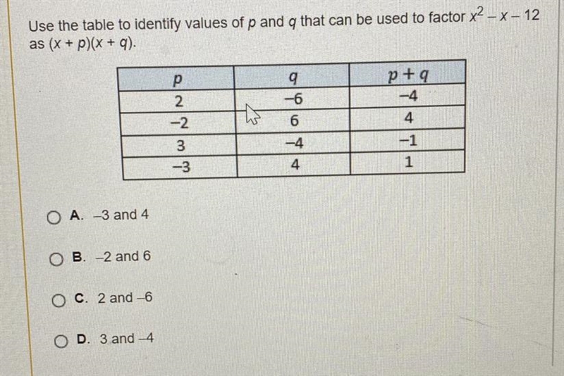 Use the table to identify values of p and g that can be used to factor X2 - x - 12 as-example-1