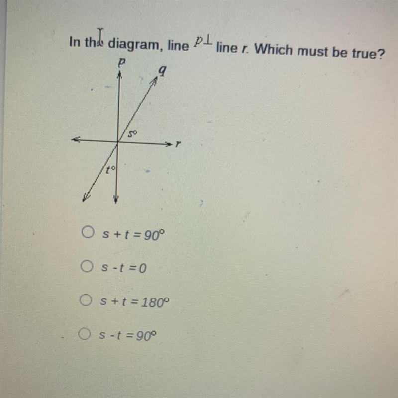 In the diagram, line p(perpendicular) line r. Which must be true?-example-1