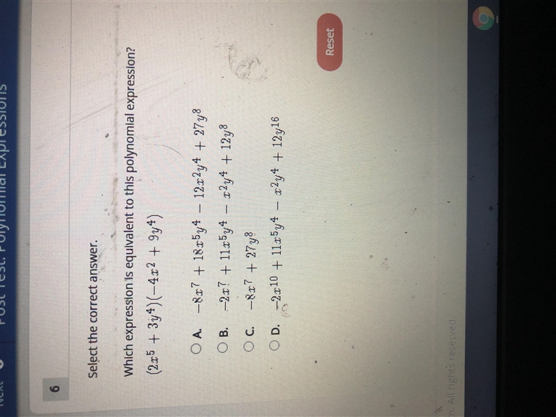 Which expression is equivalent to this polynomial expression? (2x^5 + 3y^4)(-4x^2 + 9y-example-1