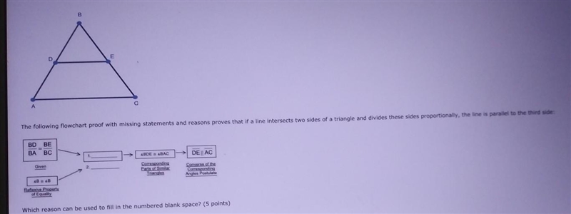 In triangle ABC shown below, BD/BA = BE/BC Which reason can be used to fill in the-example-1