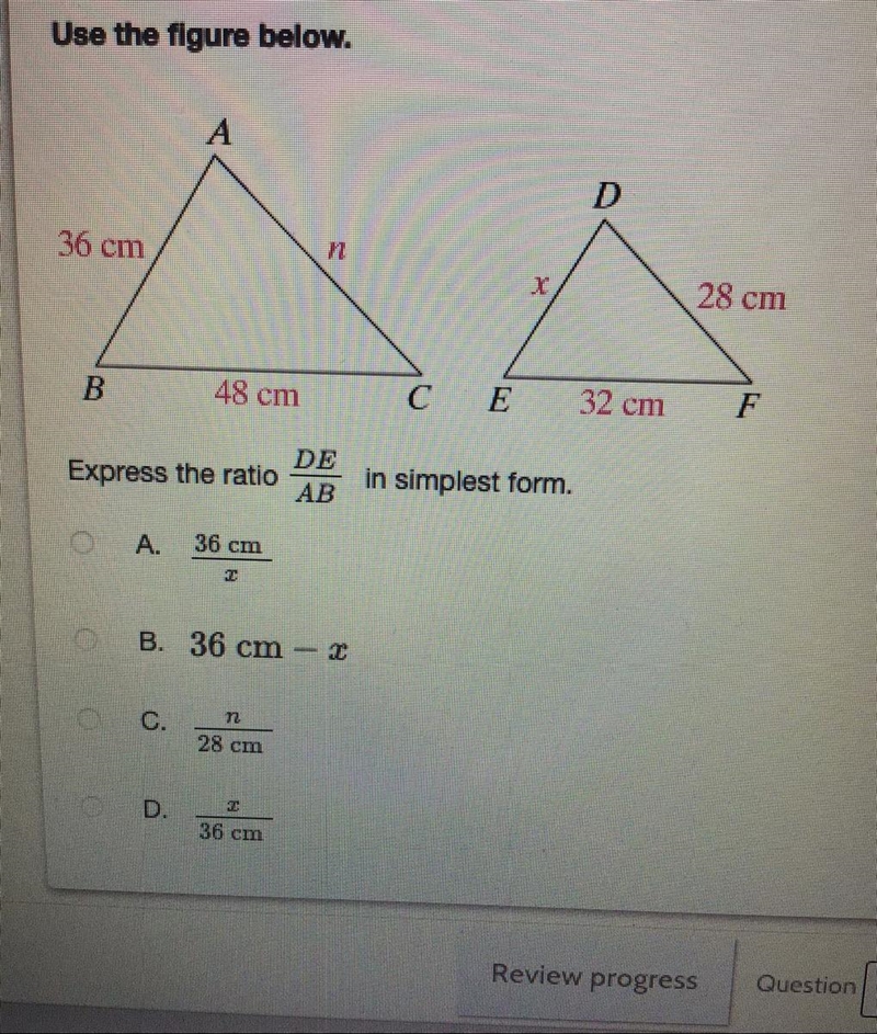 Express the ratio DE/AB in simplest form-example-1