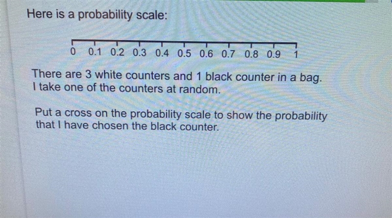 Here is a probability scale: 0 0.1 0.2 0.3 0.4 0.5 0.6 0.7 0.8 0.9 There are 3 white-example-1