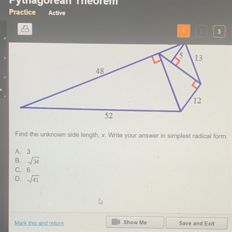 Find the unknown side length, x. Write your answer in simplest radical form. A. 3 B-example-1