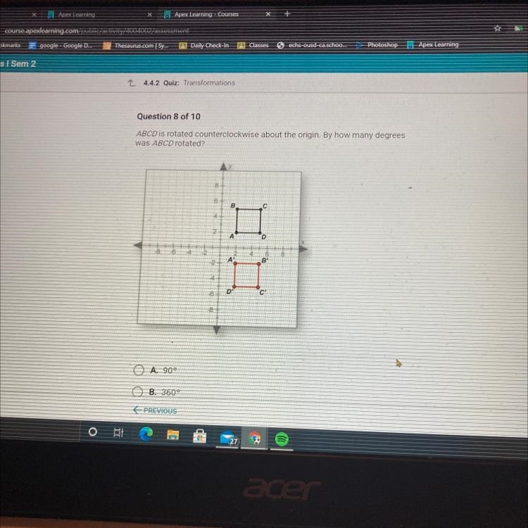 ABCD is rotated counterclockwise about the origin. By how many degrees was ABCD rotated-example-1