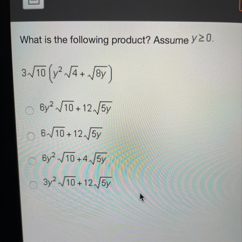 What is the following product ? Assume y >= 0 3sqrt(10) * (y ^ 2 * sqrt(4) + sqrt-example-1