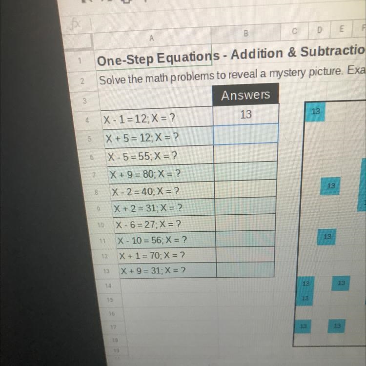 Solve the math problems X - 1 = 12; X = ? X + 5 = 12; X = ? X - 5 = 55. X = ? X + 9 = 80: X-example-1