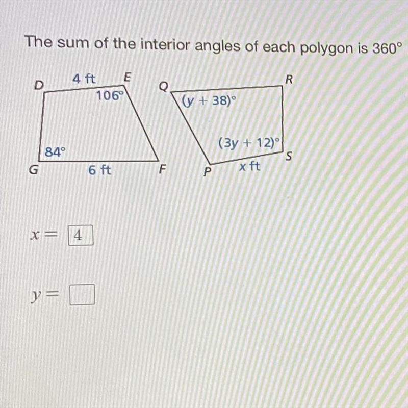 ￼The Sun of the interior angles of each polygon is 360 degrees. In the diagram DEFG-example-1