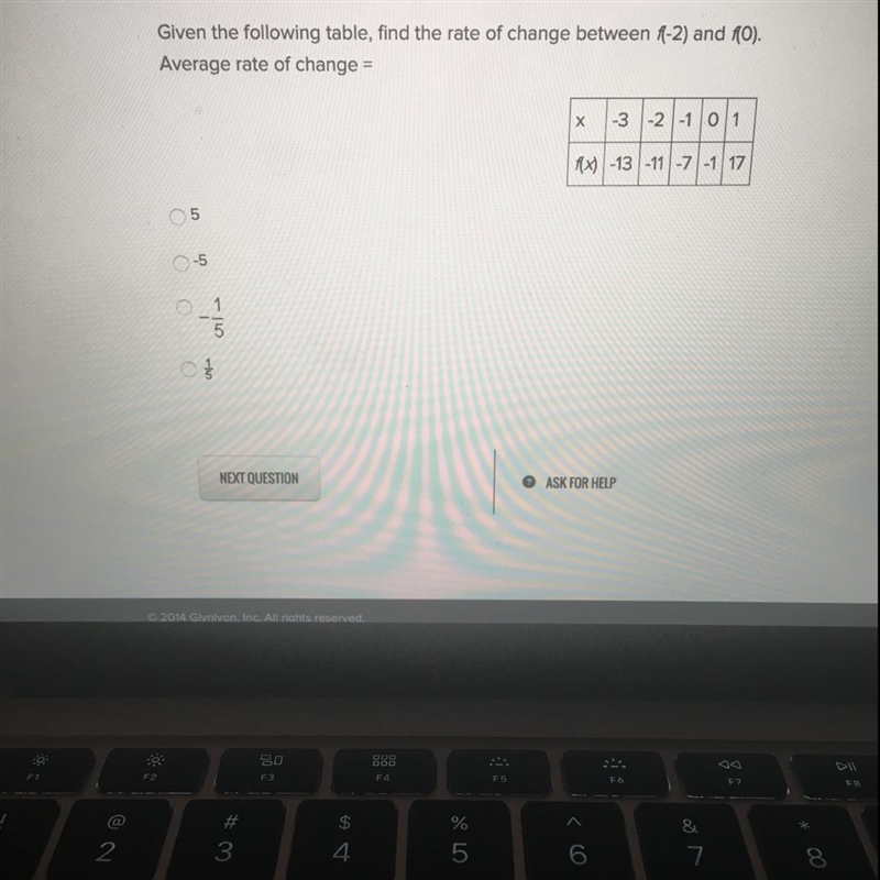 Given the following table, find the rate of change between f(-2) and f(0) Average-example-1