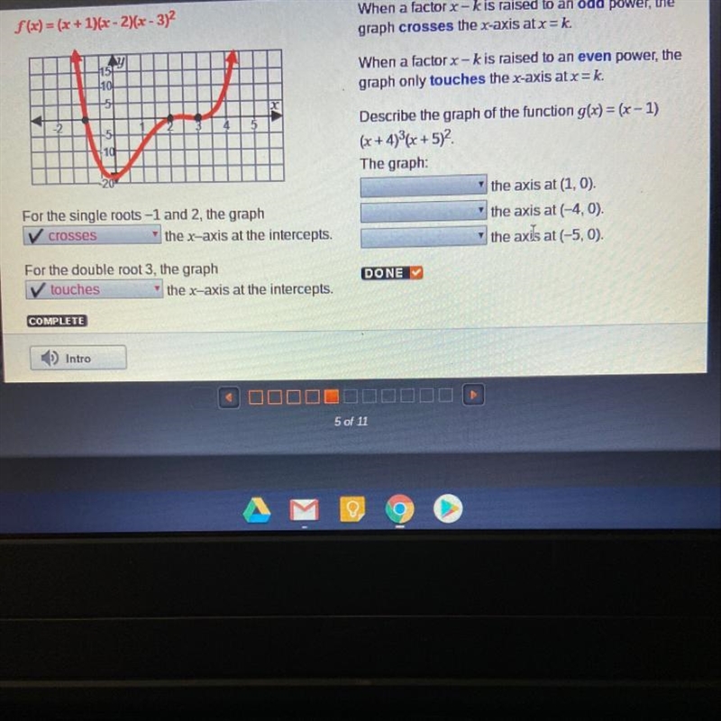 Describe the graph of the function g(x)=(x-1)(x+4)^3(x+5)^2 The graph The axis at-example-1