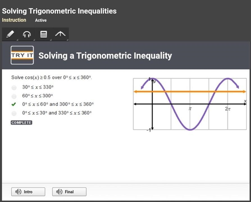 Solve cos(x) ≥ 0.5 over 0° ≤ x ≤ 360° Solving a Trigonometric Inequality ￼ ￼ ￼ ￼ ￼ The-example-1