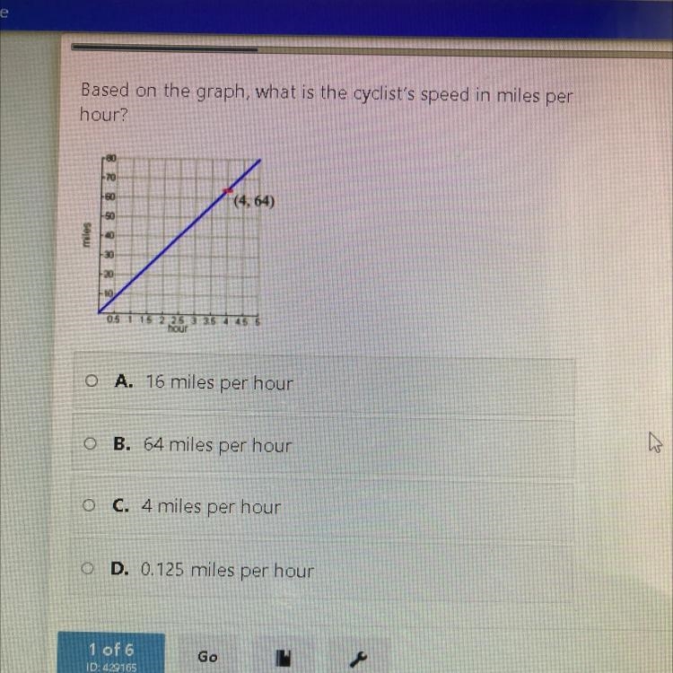 Based on the graph, what is the cyclist's speed in miles per hour? O A. 16 miles per-example-1