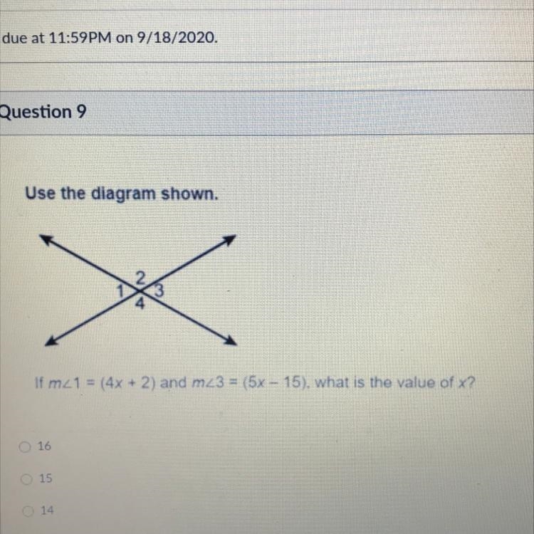 10 Use the diagram shown. 4 If m_1 = (4x + 2) and m_3 = (5x - 15), what is the value-example-1