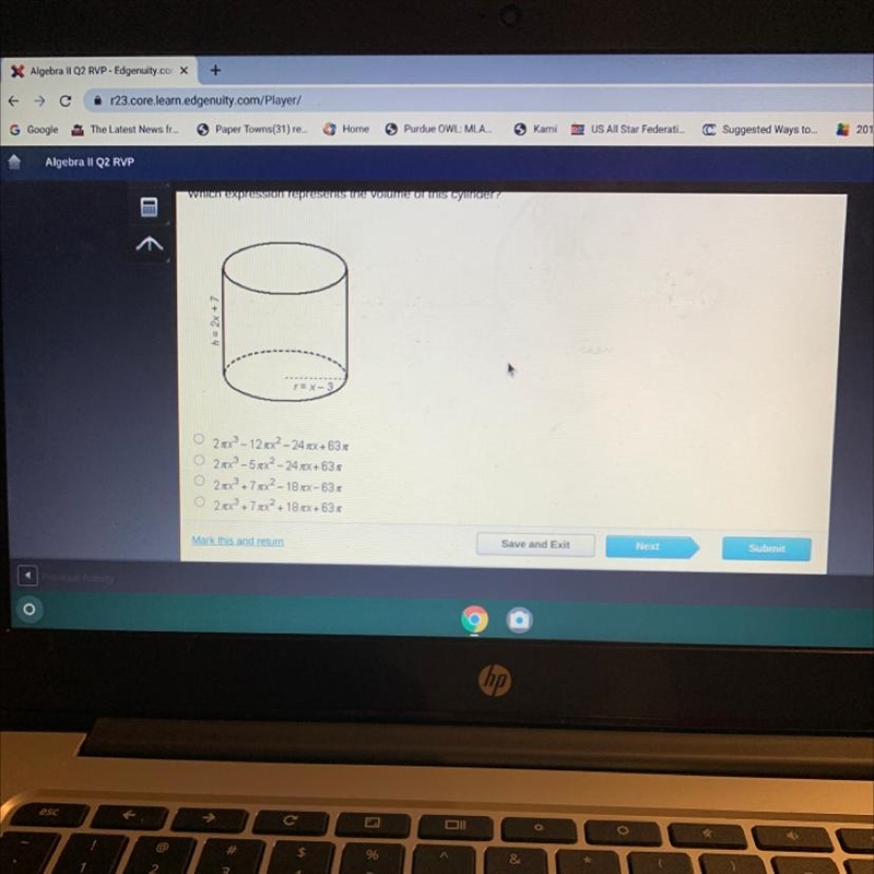 The volume of a cylinder is given by the formula v= m'h. where r is the radius of-example-1