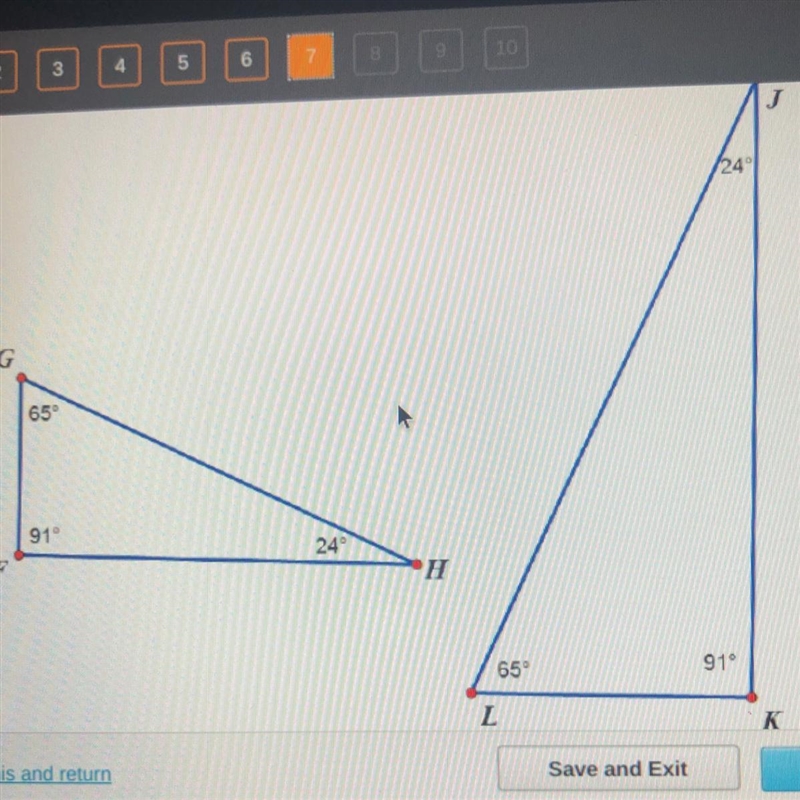 The triangles below are similar. Which similarity statement expresses the relationship-example-1