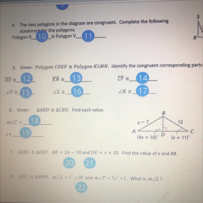 Given: △ABD cong △CBD. Find each value. (#6)-example-1