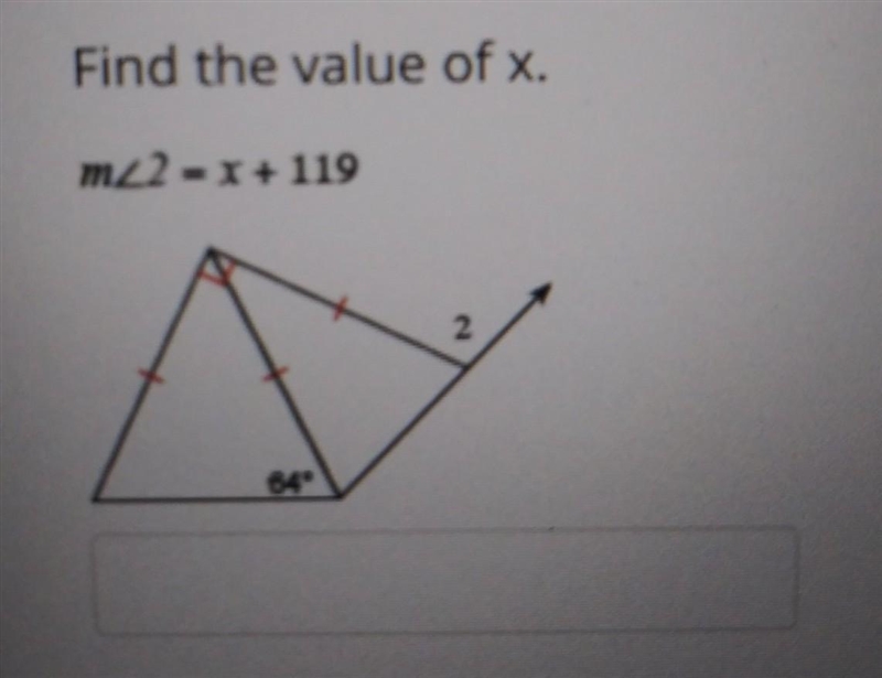 Find the value of x. m<2= x + 119 ​-example-1