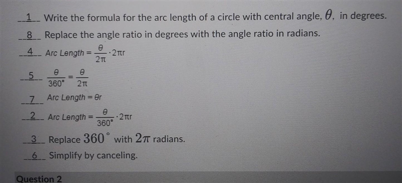 put the steps, for changing the formula for the arc length of a circle in degrees-example-1