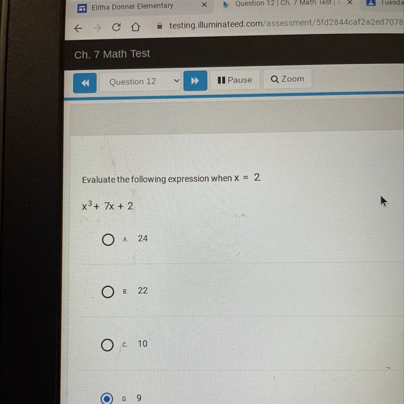 Ch. 7 Math Test II Pause Q Zoom Question 12 Evaluate the following expression when-example-1