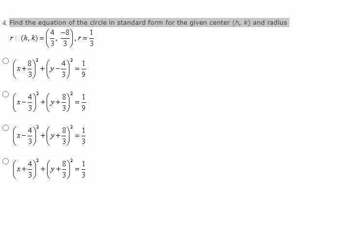 Find the equation of the circle in standard form for the given center (h, k) and radius-example-1