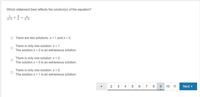 Which statement best reflects the solution(s) of the equation? (1)/(x-1) +(2)/(x) =(x-example-1