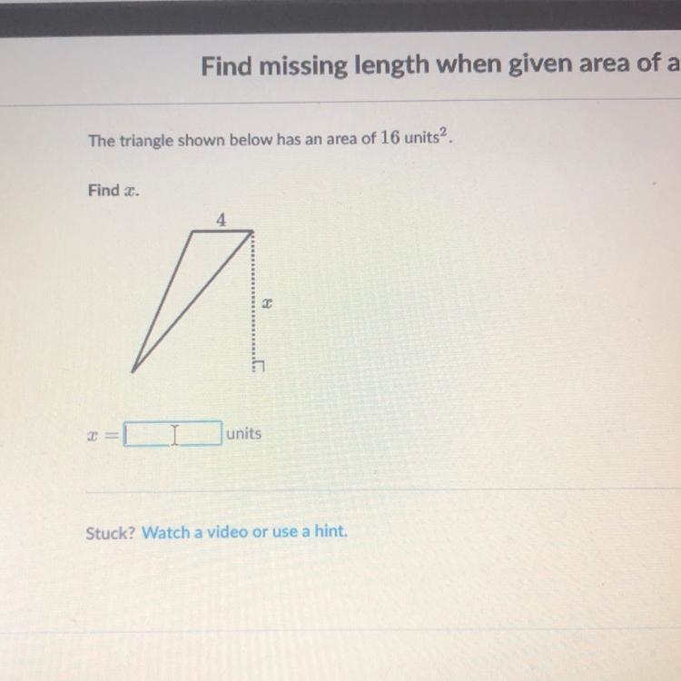 The triangle shown below has an area of 16 units2. Find z. 4 2 units-example-1