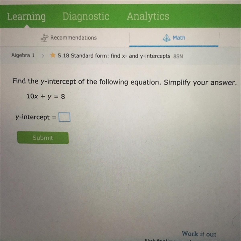 Find the y-intercept of the following equation. Simplify your answer. 10x + y = 8-example-1