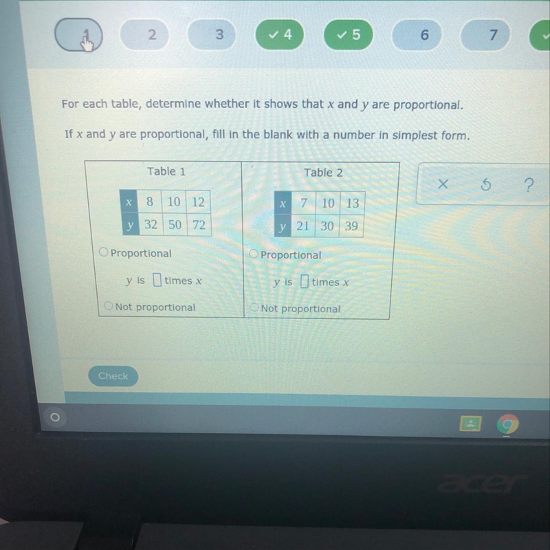 If x and y are proportional, fill in the blank with a number in simplest form.-example-1