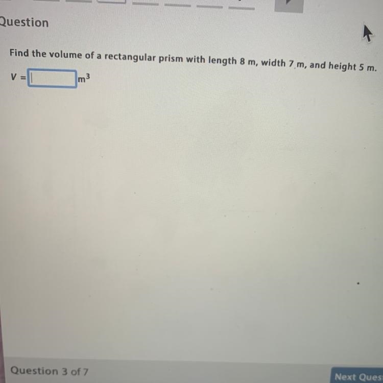Find the volume of a rectangular prism with length 8 m, width 7 m, and height 5 m-example-1