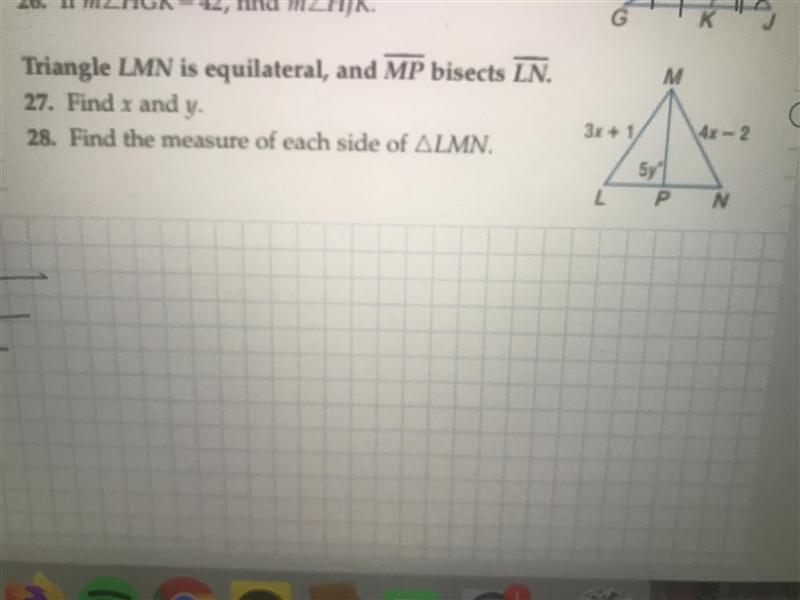 1. find x and y 2. find the measure of each side of LMN-example-1