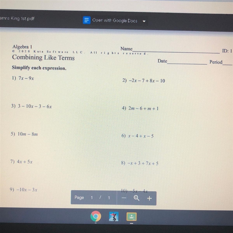 Simplify each expression. 1) 7x - 9x 2) -2x - 7+ 8x - 10 3) 3 - 10x - 3-6x 4) 2m - 6+ m-example-1