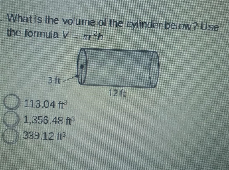 What is the volume of the cylinder below? Use the formula V = πr²h​-example-1