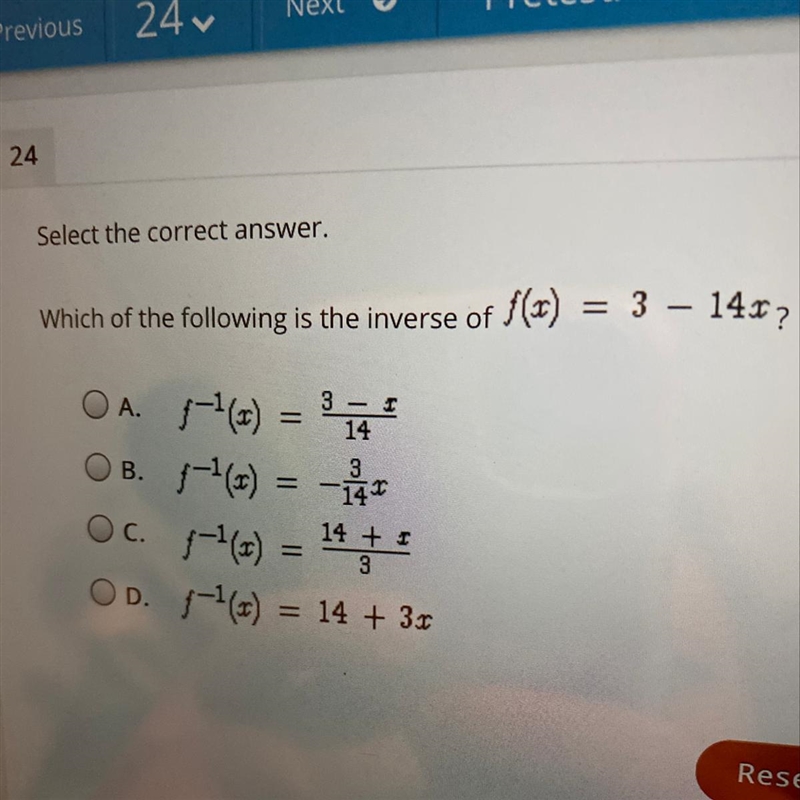 Which of the following is the inverse of f(x)=3-14x?-example-1