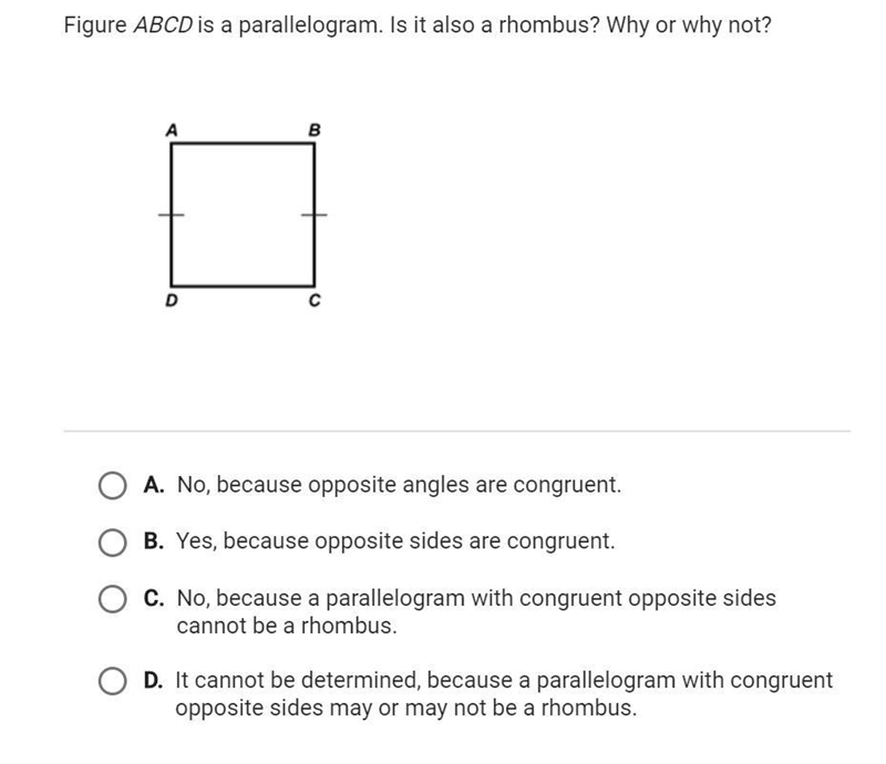 Figure ABCD is a parallelogram. Is it also a rhombus? why or why not?-example-1