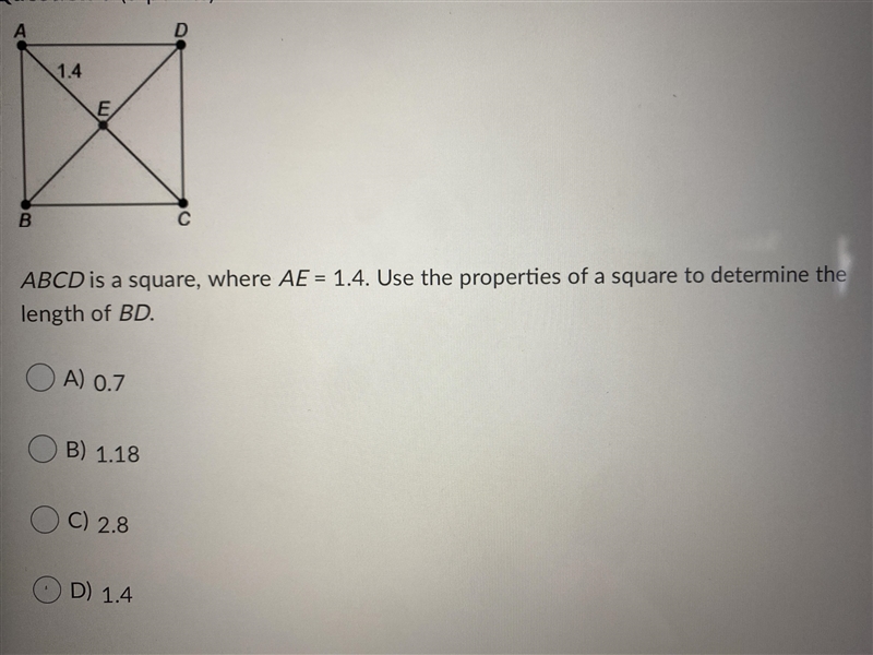 Abcd is a Square, where AE=1.4. Use the properties of a square to determine the length-example-1