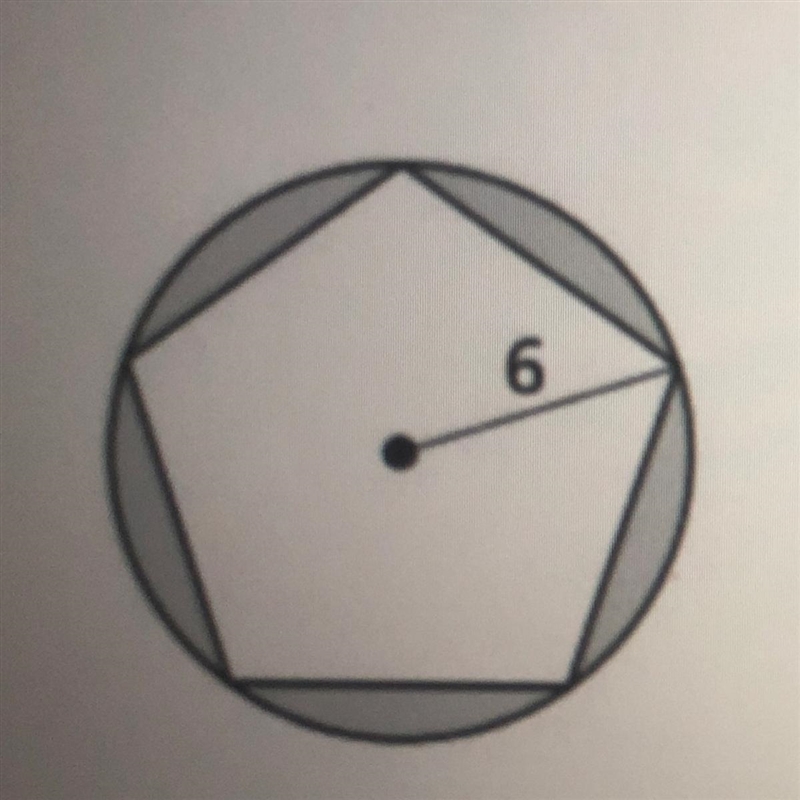 Shown below is a regular pentagon inscribed in a circle. Calculate the area of the-example-1