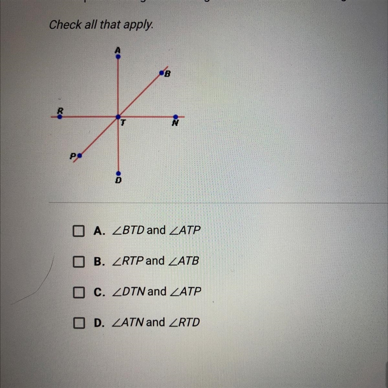 Which pairs of angles in the figure below are vertical angles? Help please.-example-1