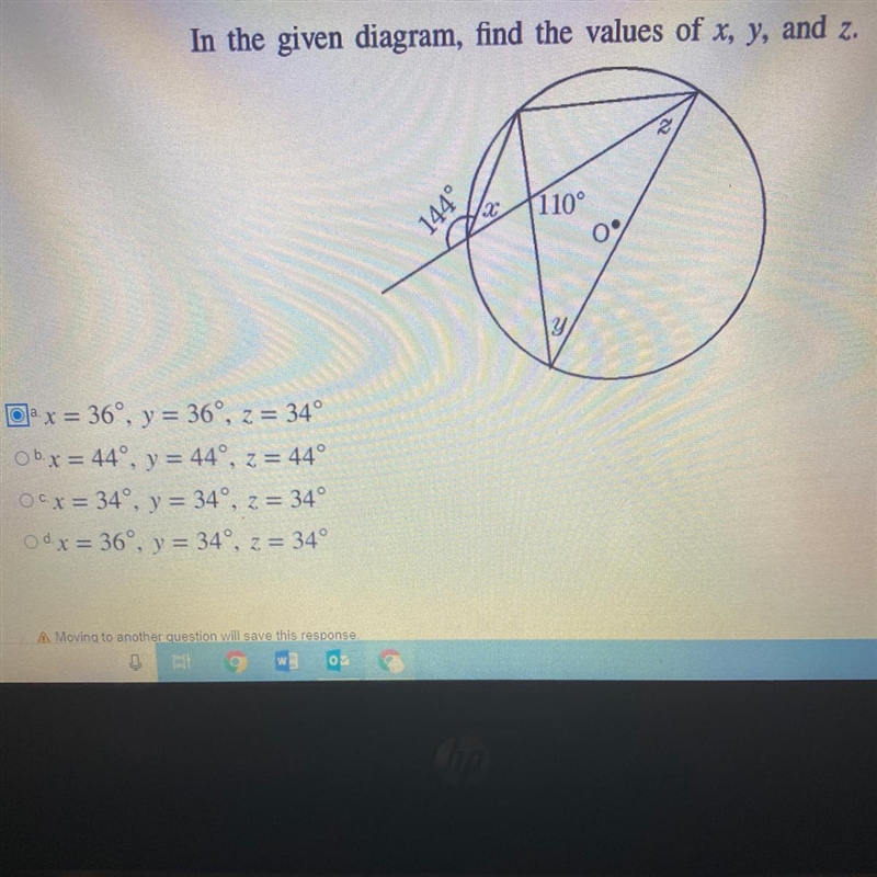 In the given diagram, find the values of x, y, and z. a. x = 36°, y = 36°, z = 34° b-example-1