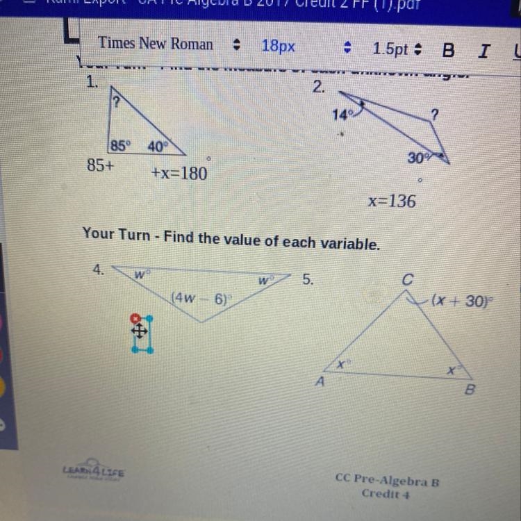 Turn - Find the value of e (4w - 6) + Find the value of each variable-example-1