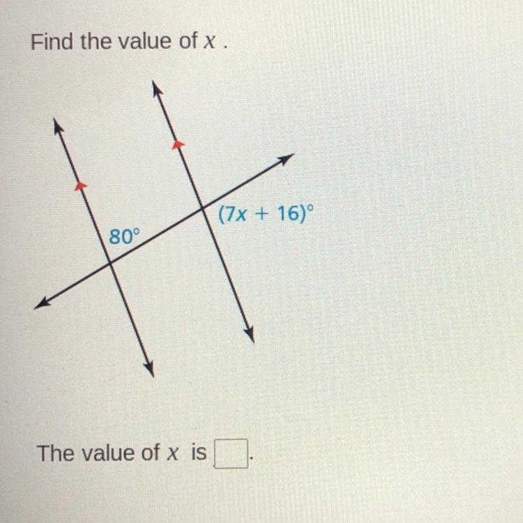 Find the value of x. (7x + 16) 80° The value of x is-example-1