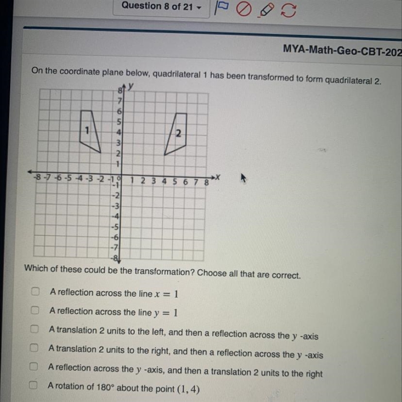 On the coordinate plane below , quadrilateral 1 has been transformed to form quadrilateral-example-1