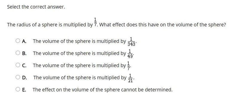 The radius of a sphere is multiplied by . What effect does this have on the volume-example-1