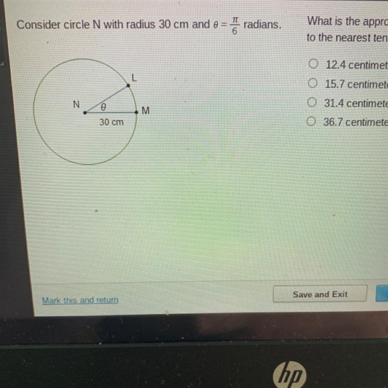 What is the approximate length of minor arc LM? Round to the nearest tenth of a centimeter-example-1