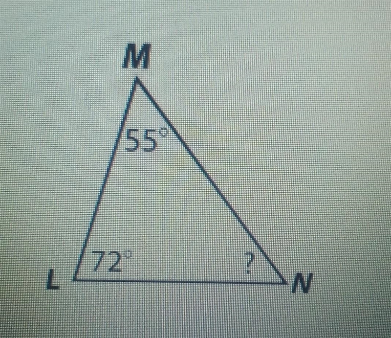 Find the measure of the unknown angle. 1. Add the two know angles:___+___=___ 2. Subtract-example-1