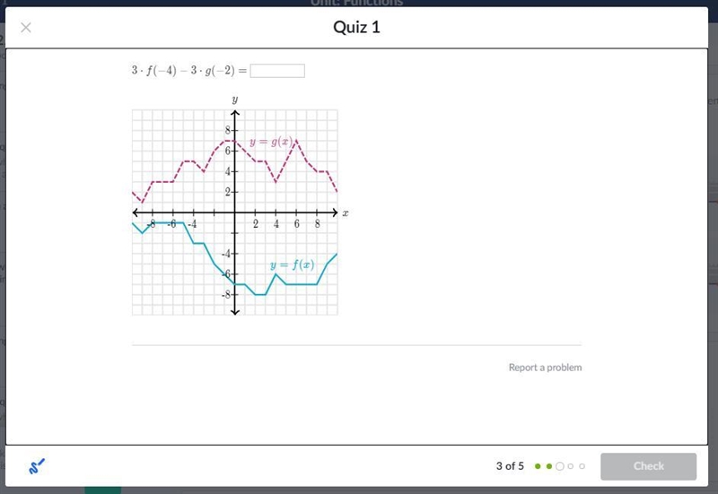 Help me with Kahn Academy I'll give 100 points 3⋅f(−4)−3⋅g(−2)=-example-1