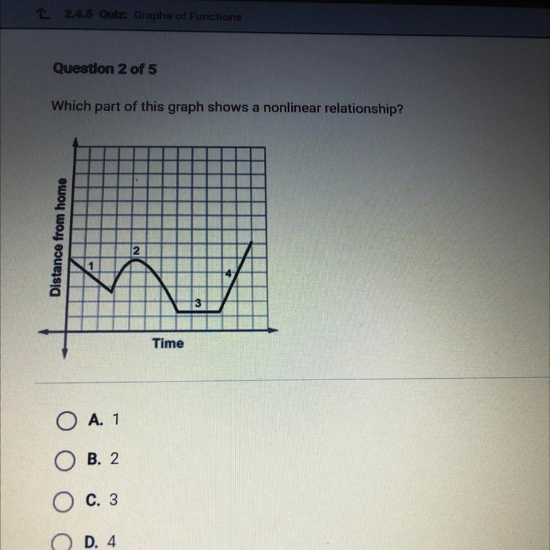 Which part of this graph shows a nonlinear relationship? Distance from home 2. Time-example-1