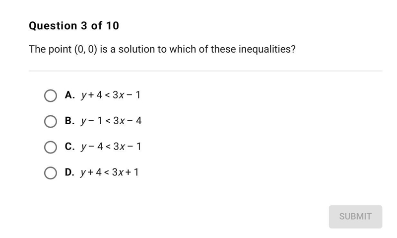 The Point (0,0) is a solution to which of these inequalities?-example-1