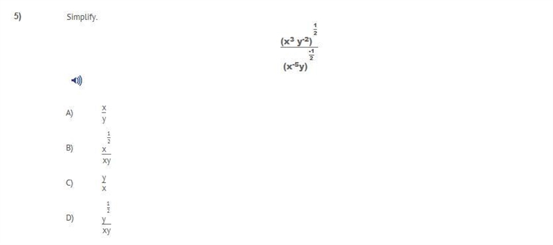 Simplify: (x3 y-2)12 (x-5y)-12 A) xy B) x12xy C) yx D) y12xy-example-1