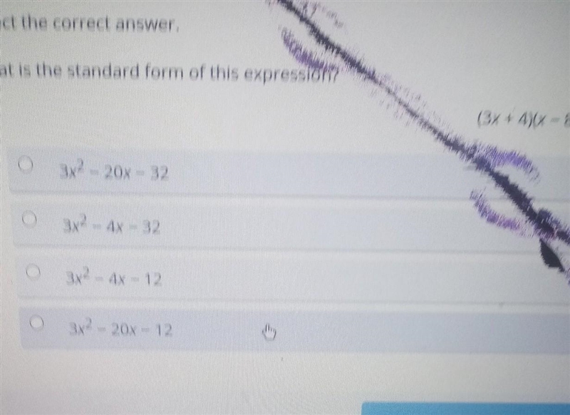 What is the standard form of this expression? (3x+4)(x-8)​-example-1