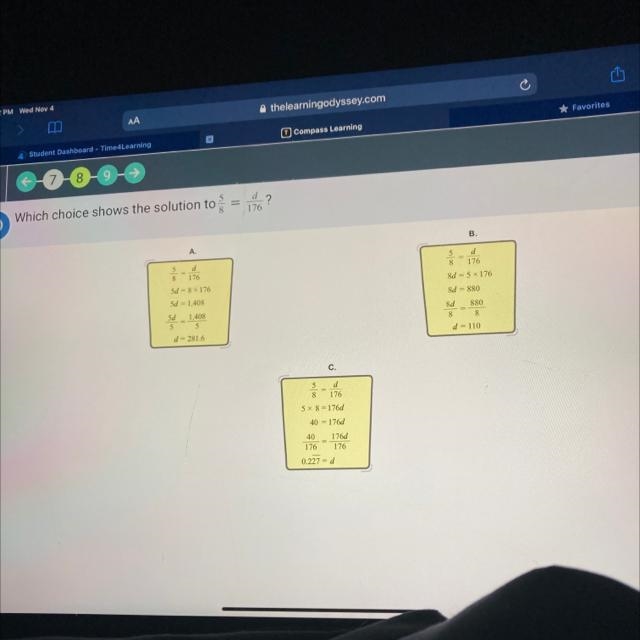 Which choice shows the solution to 5\8=d/176-example-1