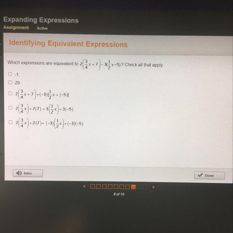 Which expressions are equivalent to 2[3/4x+7]-3(1/2x-5)? Check all that apply￼-example-1